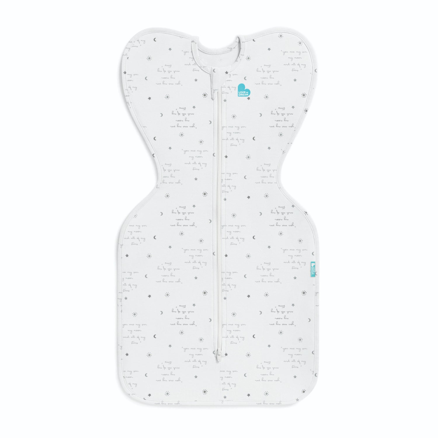 Swaddle blanco con estrellas, vista frontal y diseño cómodo para dormir