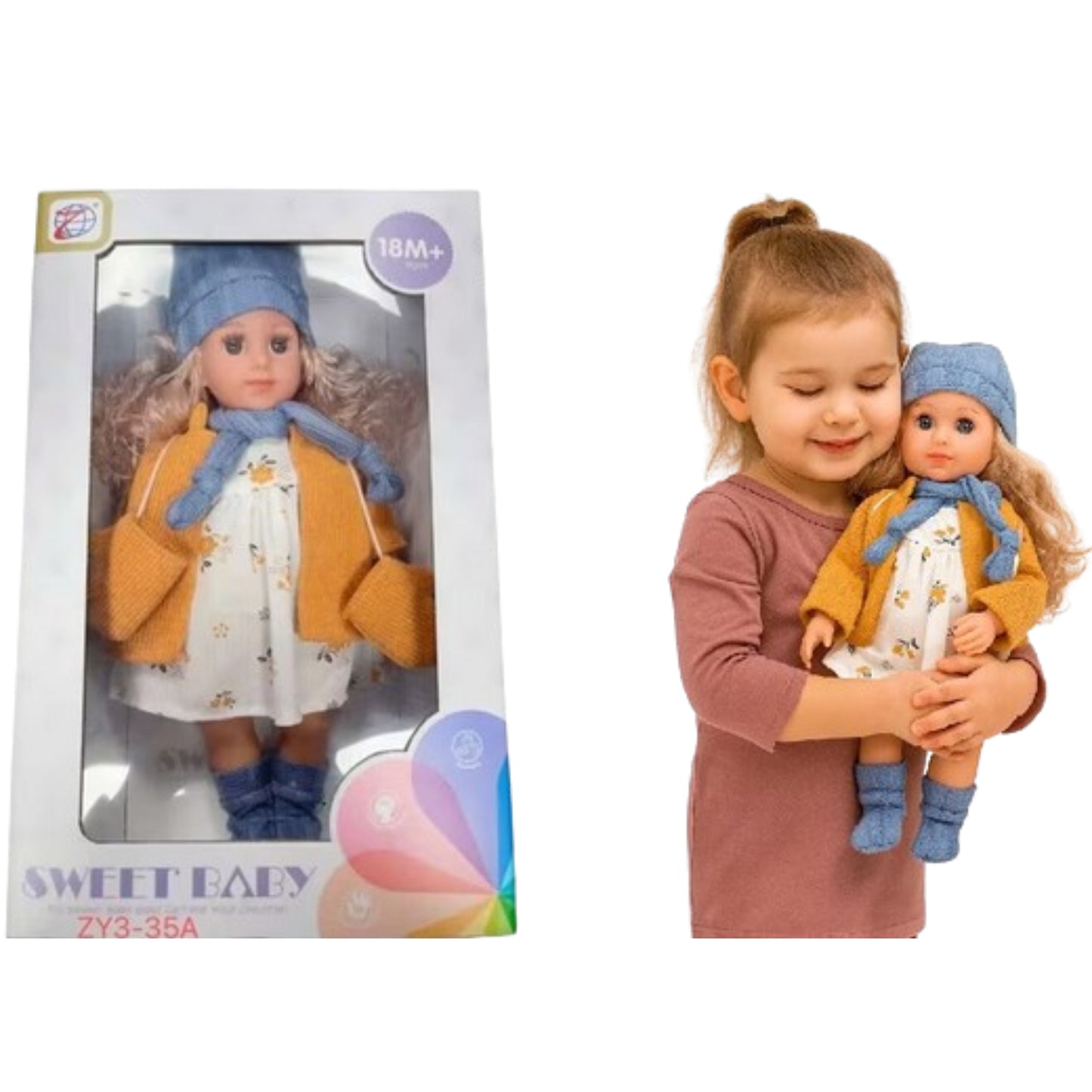Muñeca de algodón Sweet Baby con vestido blanco y chaqueta amarilla, niña abrazando la muñeca