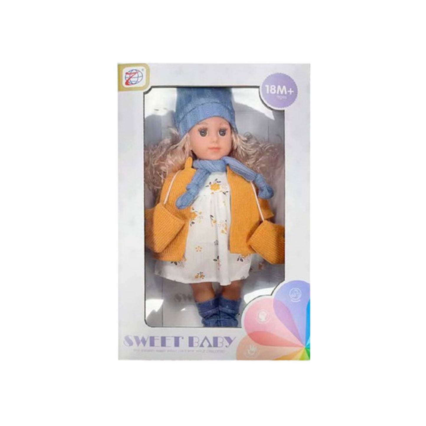 Muñeca de algodón con vestido blanco y abrigo amarillo, en caja de presentación