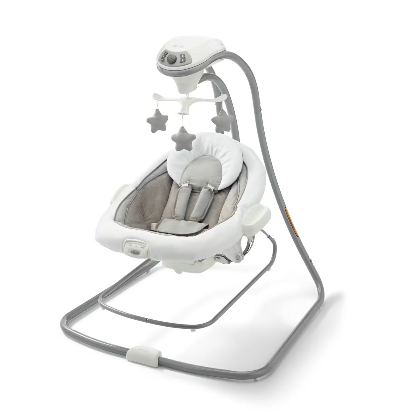 Silla mecedora Graco blanca con móvil de estrellas, vista frontal