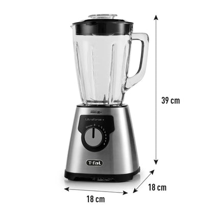licuadora T-Fal plateada, vista lateral en fondo blanco