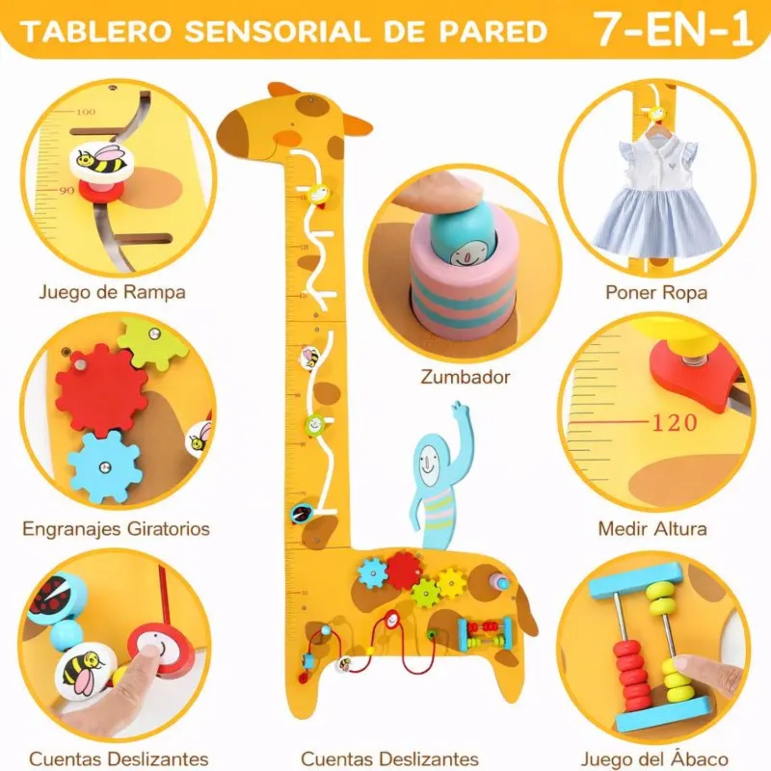 Tablero sensorial de pared en forma de jirafa, con juegos educativos y medidor de altura