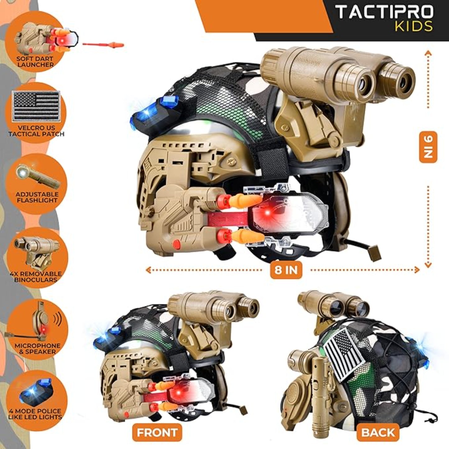 Casco Tactipro Kids beige con lanzador de dardos y luces LED en vista frontal
