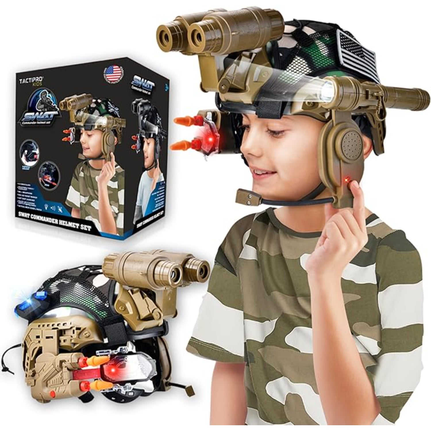Set de casco de comando SWAT para niño, color camuflaje, vista frontal y lateral