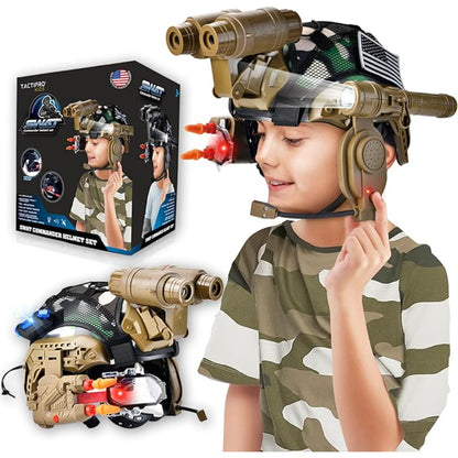 Set de casco de comando SWAT para niño, color camuflaje, vista frontal y lateral