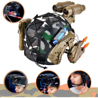 Casco militar marrón con visión nocturna, accesorios y micrófono para juegos al aire libre
