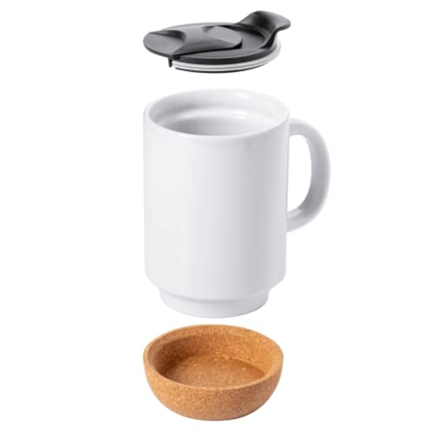 Taza blanca de cerámica con tapa negra y base de corcho, ideal para bebidas calientes