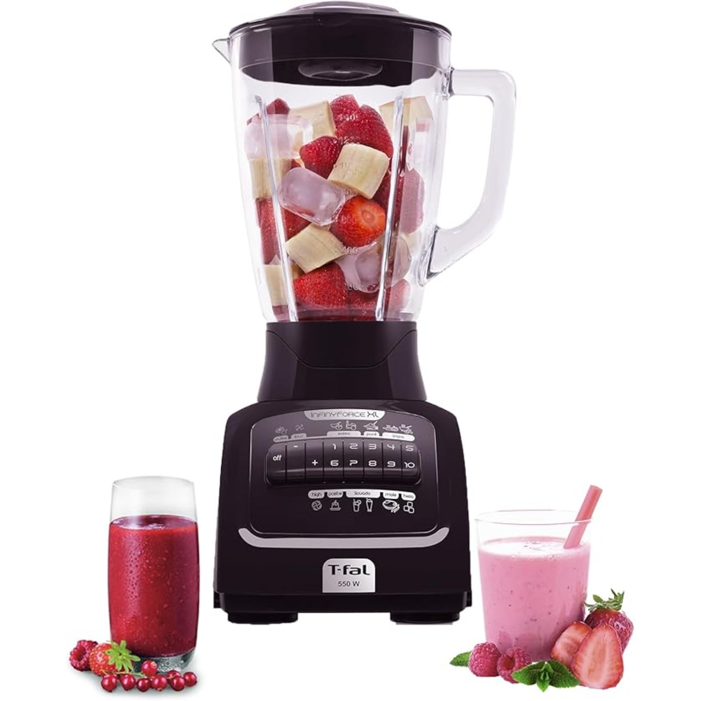 Licuadora Tefal InfinyForce XL 10 velocidades con frutas y batidos en vasos frente a ella