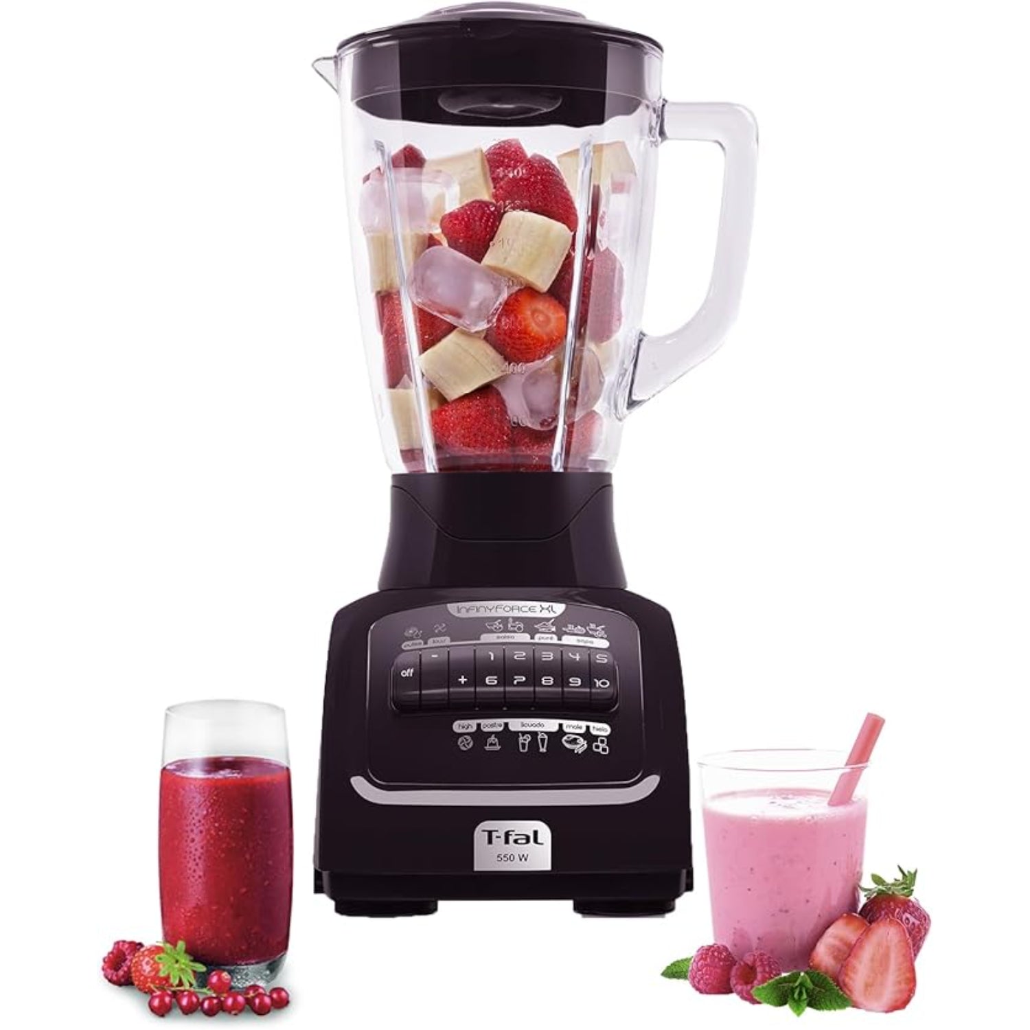 Licuadora Tefal InfinyForce XL 10 velocidades con frutas y batidos en vasos frente a ella