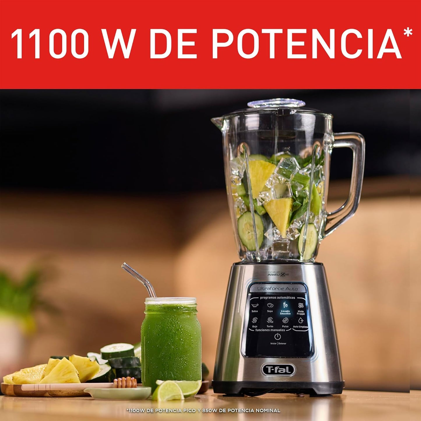 Licuadora Tefal InfinyForce XL 550W con jarra de vidrio, ideal para smoothies y batidos