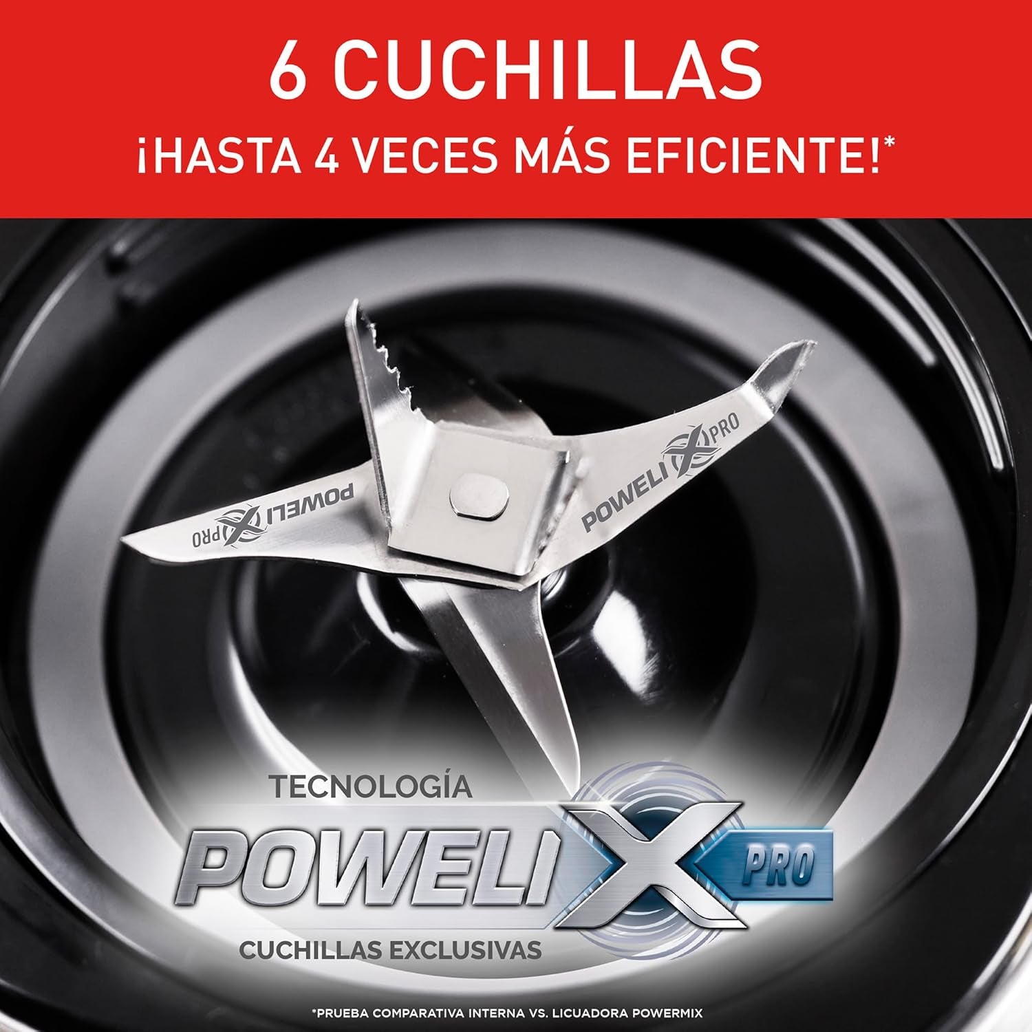 Interior de licuadora Tefal InfinyForce XL 550W mostrando 6 cuchillas PoweliX Pro para mayor eficiencia