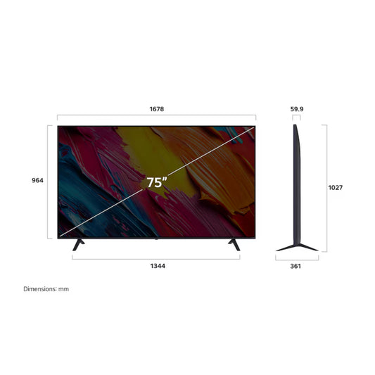 Televisor 4k LG de 75 pulgadas, frontal con diseño moderno y dimensiones detalladas