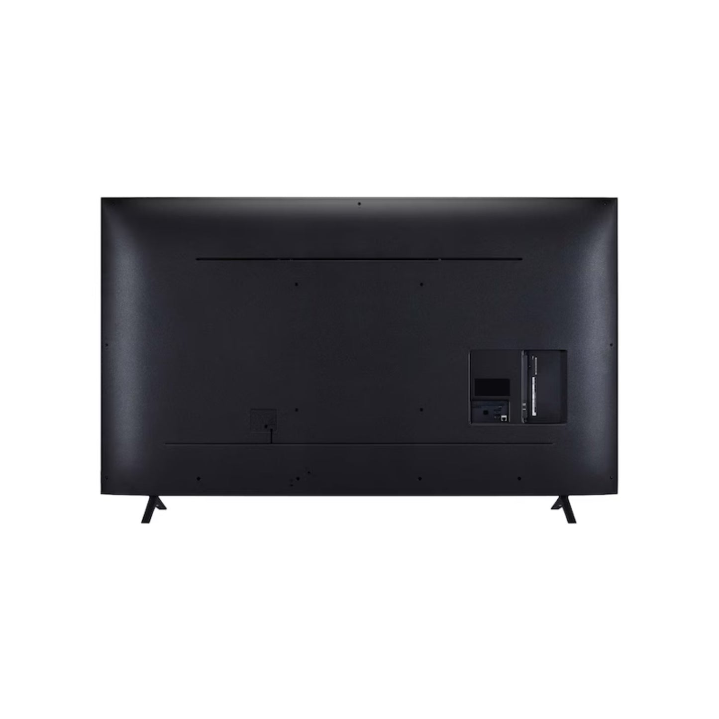 Televisor 4K LG negro, vista trasera con puertos y soporte para montaje