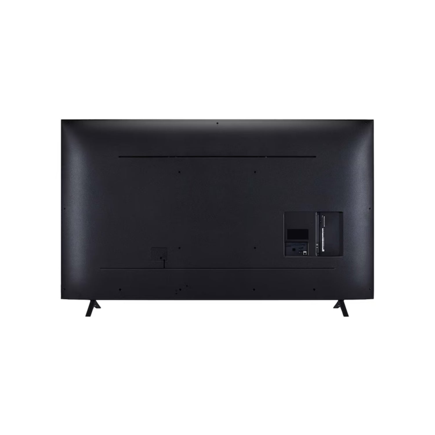 Televisor 4K LG negro, vista trasera con puertos y soporte para montaje