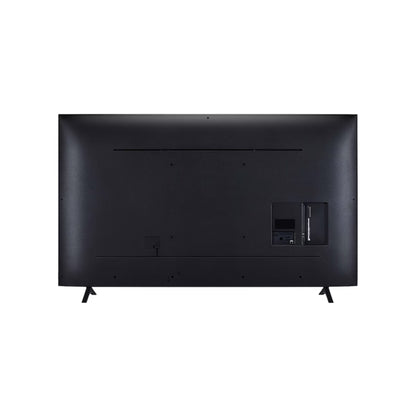 Televisor 4K LG negro, vista trasera con puertos y soporte para montaje