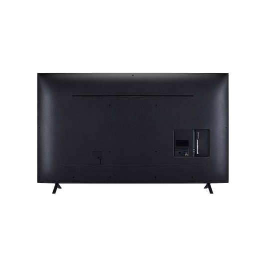 Televisor 4K LG negro, vista trasera con puertos y soporte para montaje