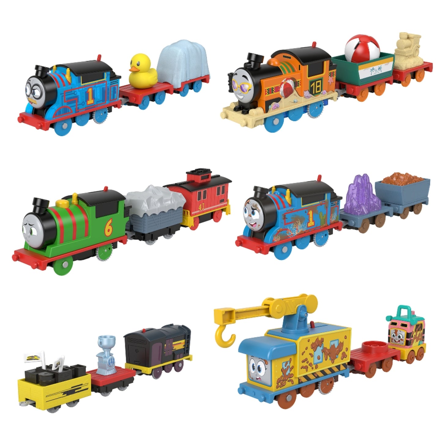 Trenes de juguete MATTEL, diversos colores, vista frontal, ideal para niños