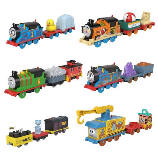 Trenes de juguete MATTEL, diversos colores, vista frontal, ideal para niños
