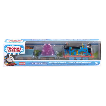 Tren motorizado Thomas de MATTEL en color azul, vista lateral en empaque transparente
