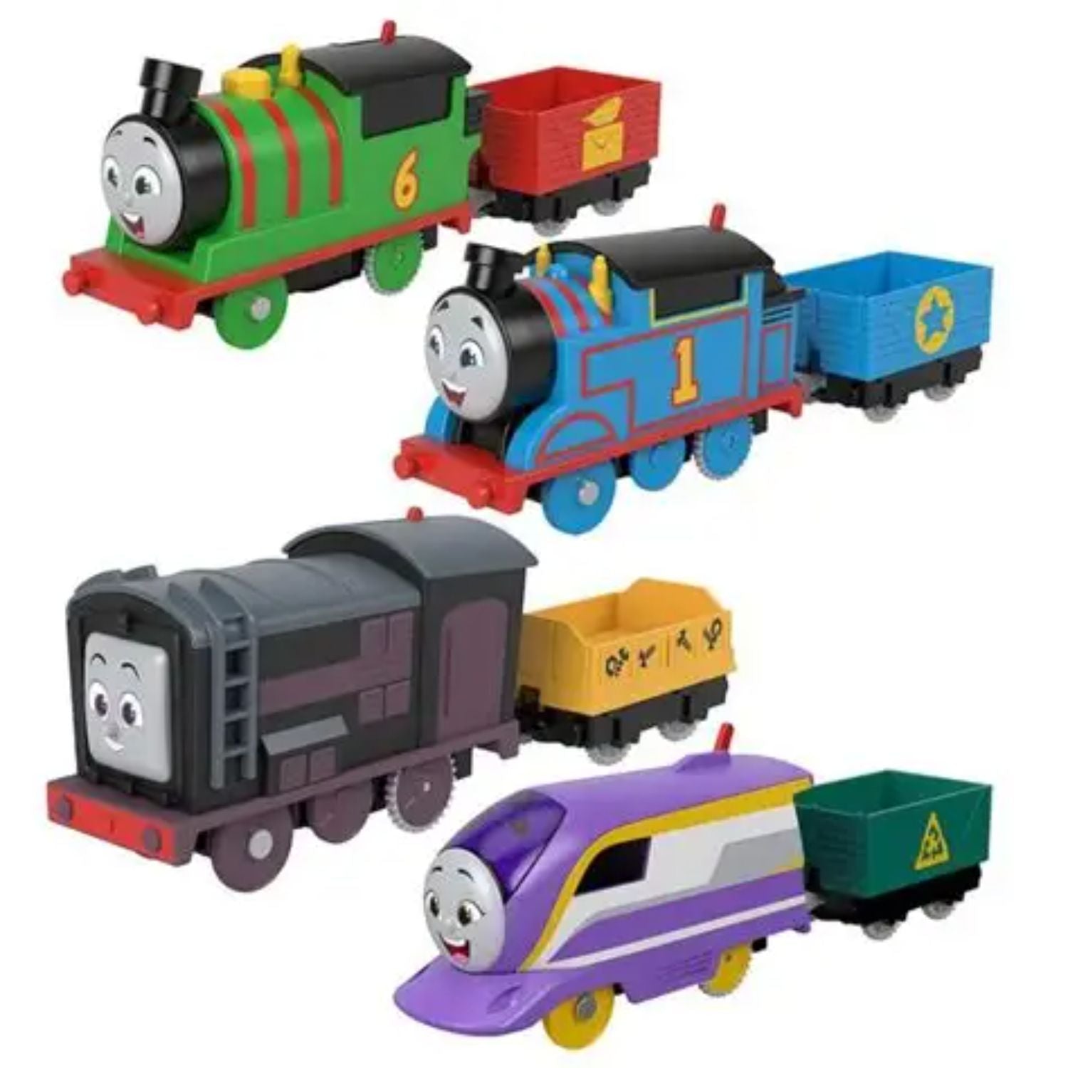 Trenes de juguete MATTEL en colores variados, vista frontal en un contexto divertido