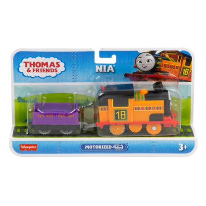 Tren motorizado Nia de Thomas y sus amigos, color negro y amarillo, en paquete con vagón morado