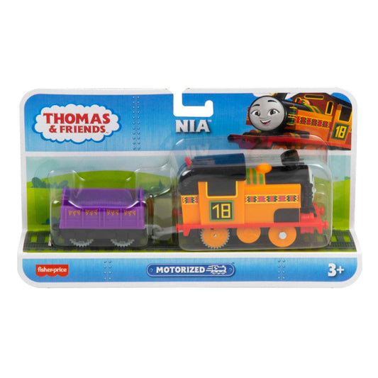 Tren motorizado Nia de Thomas y sus amigos, color negro y amarillo, en paquete con vagón morado