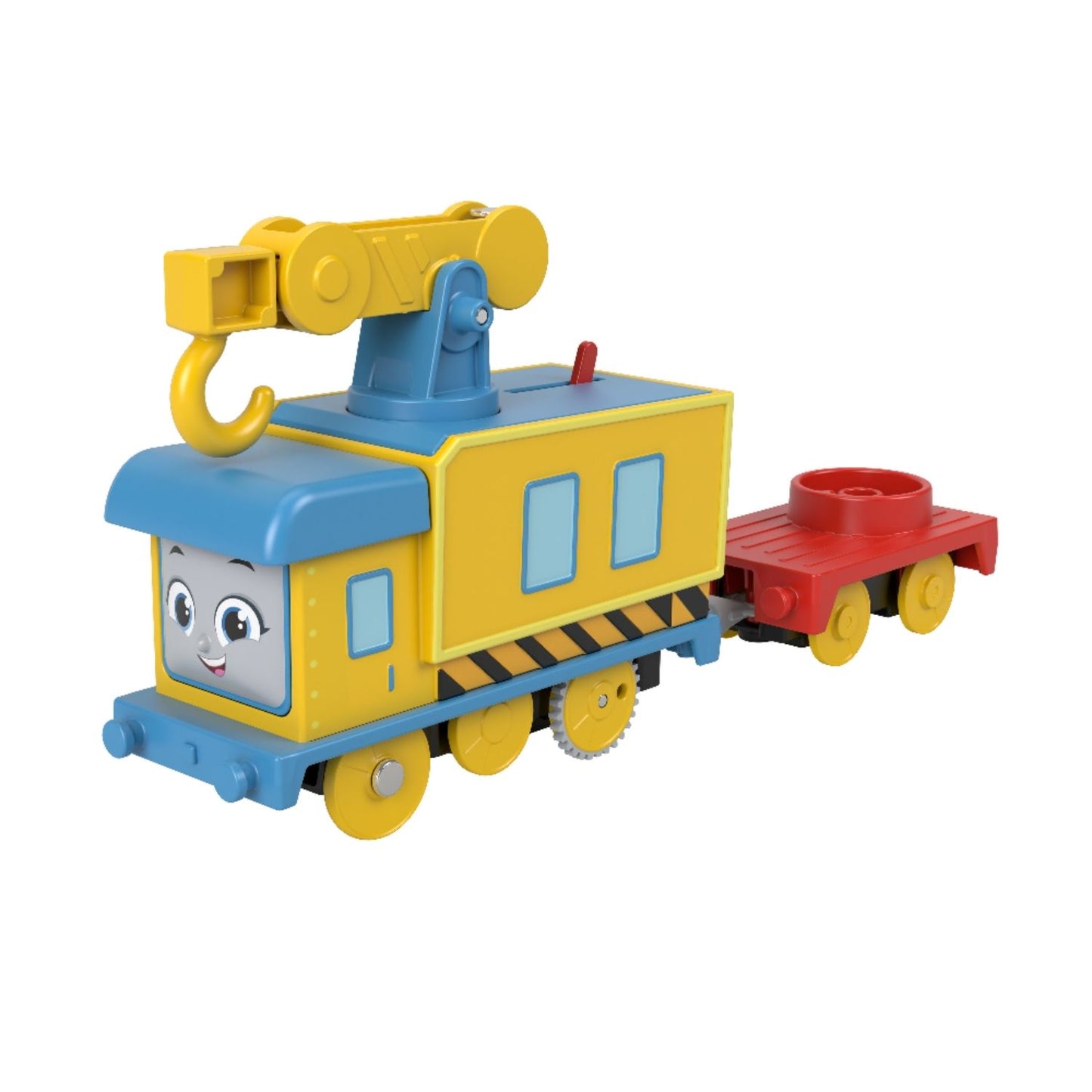 Tren de juguete Mattel amarillo y rojo, vista lateral, ideal para niños