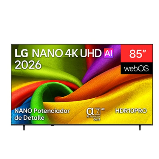 Televisor LG Nano 4K UHD 85 pulgadas vista frontal, ideal para entretenimiento inteligente