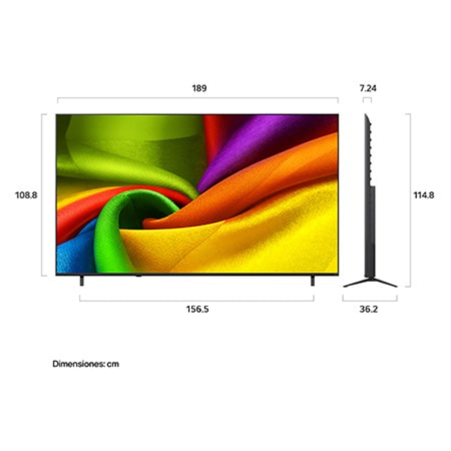 Televisor LG smart frontal, colores vibrantes, especificaciones de dimensiones