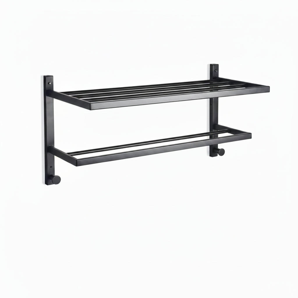 Toallero negro de dos niveles, vista frontal, ideal para baño