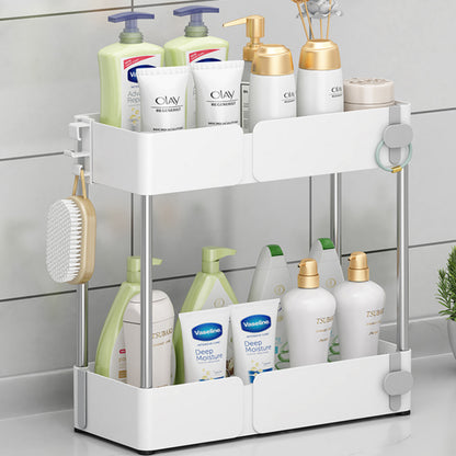 tocador blanco con estantes, productos de cuidado personal organizados