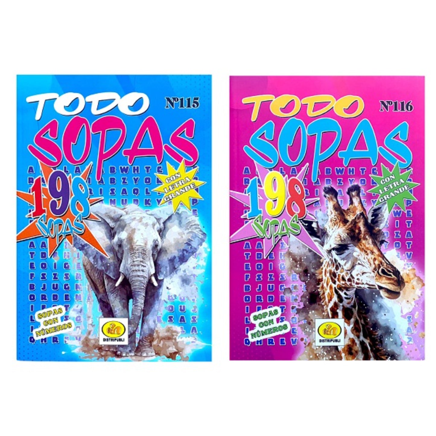 Libros de sopa de letras, portadas de elefante y jirafa en colores azul y rosa