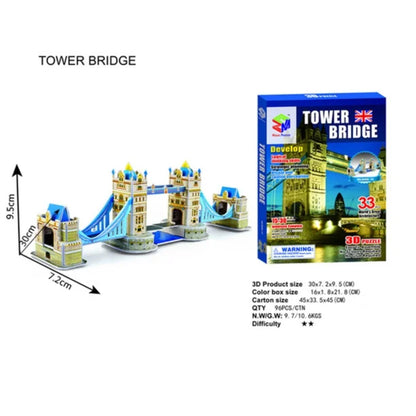 Modelo 3D del Puente de Londres en colores azul y beige, vista frontal y fondo detallado