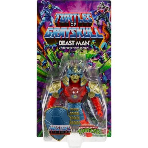 Figura Beast Man tortugas ninja, color rojo y azul, empaque frontal con fondo colorido
