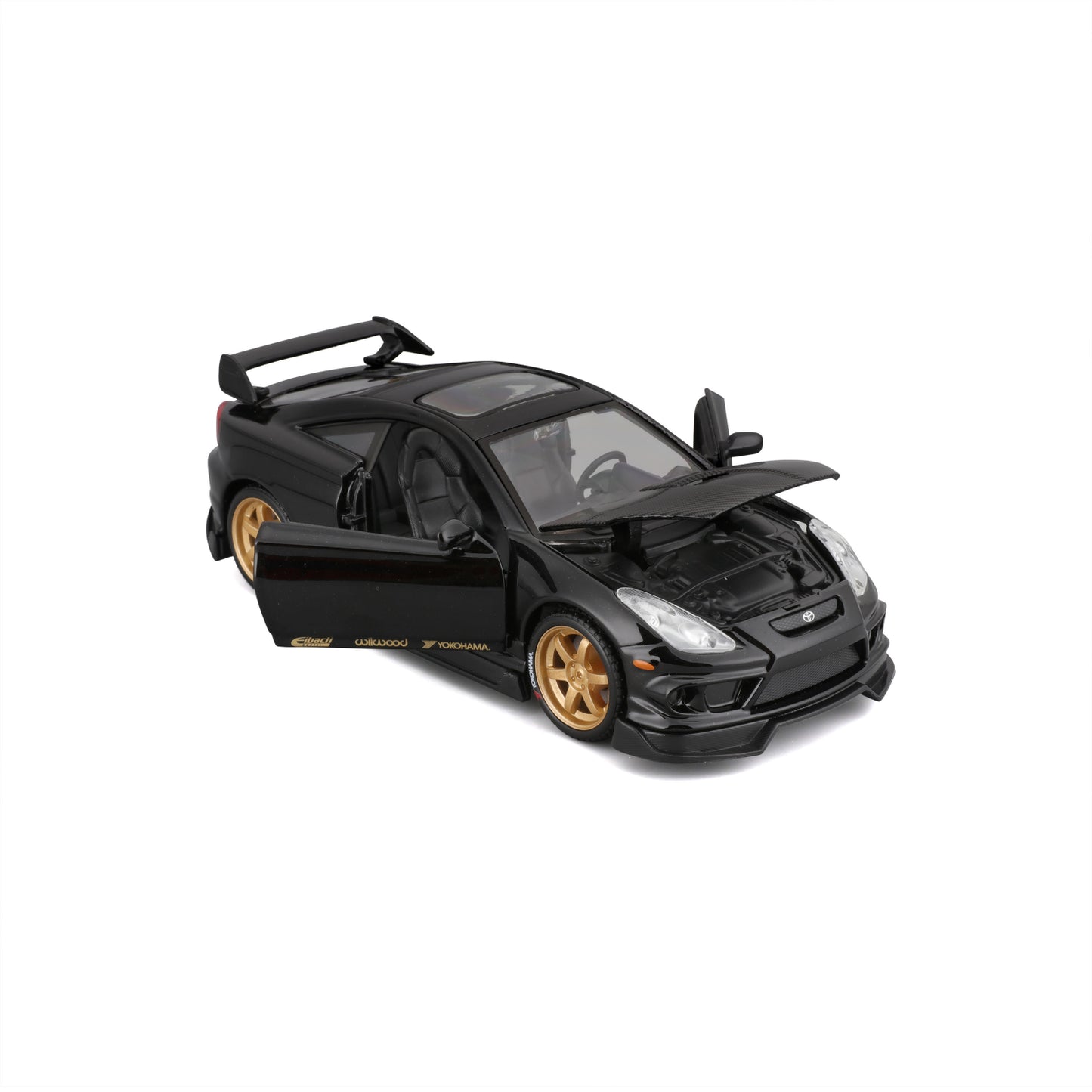 Carro negro modelo deportivo, vista lateral con puertas abiertas