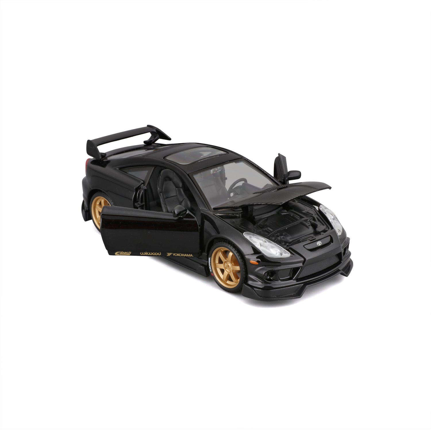 Carro negro modelo deportivo, vista lateral con puertas abiertas