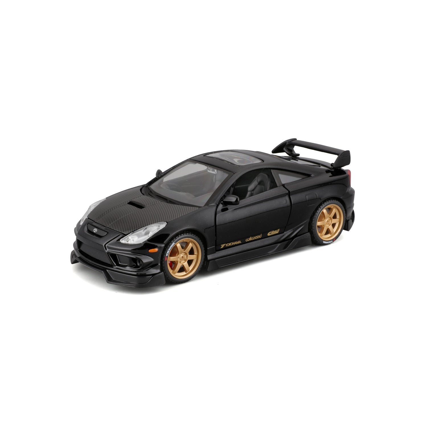 Carro negro modelo deportivo con detalles dorados, vista lateral