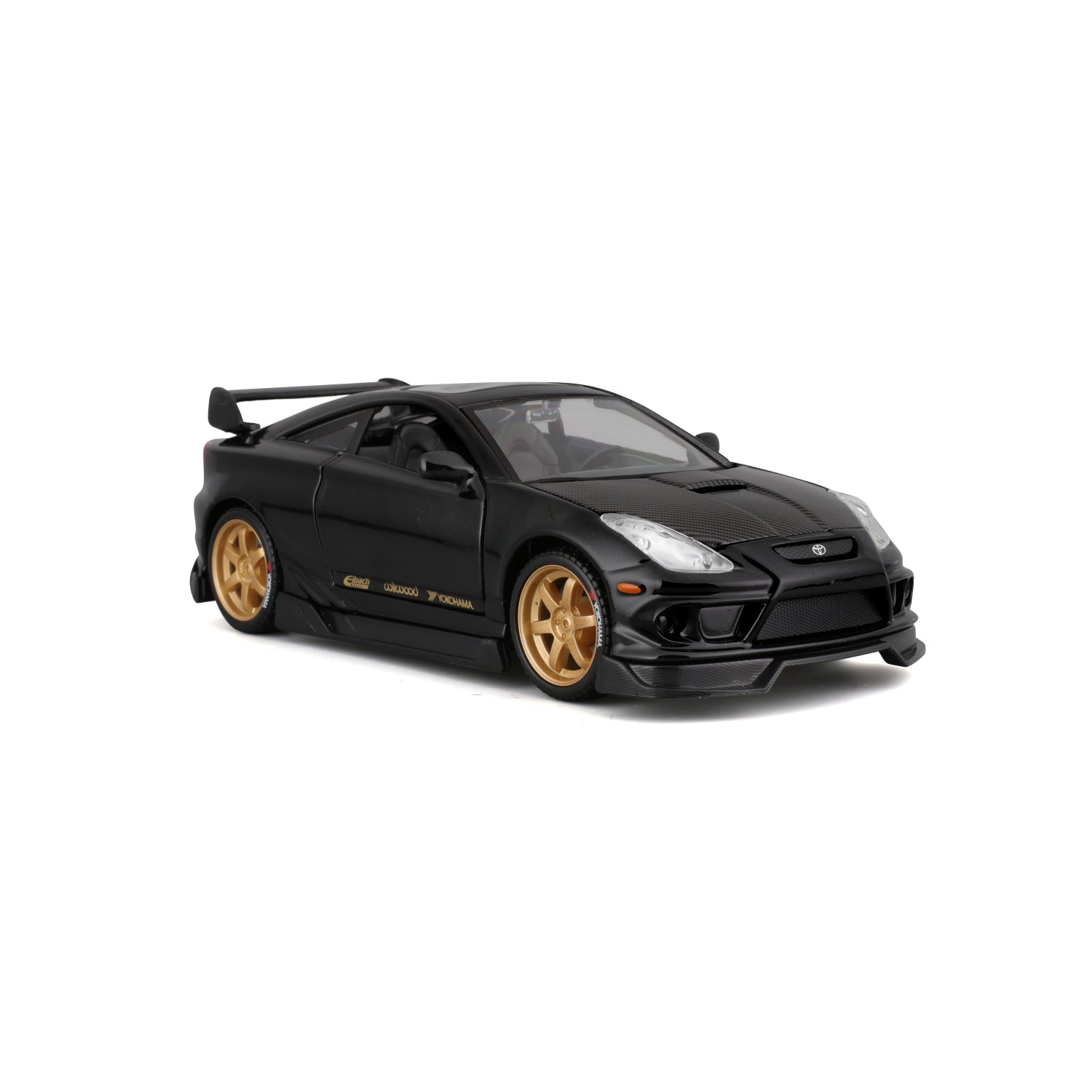 Carro negro MAISTO modelo deportivo con llantas doradas, vista lateral