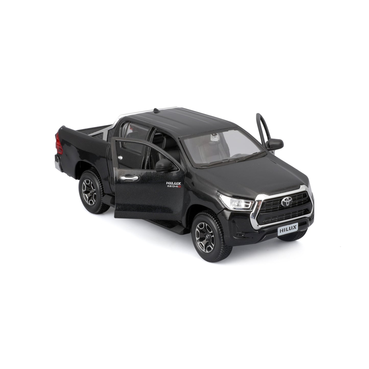 Modelo a escala Hilux negro, vista lateral con puertas abiertas