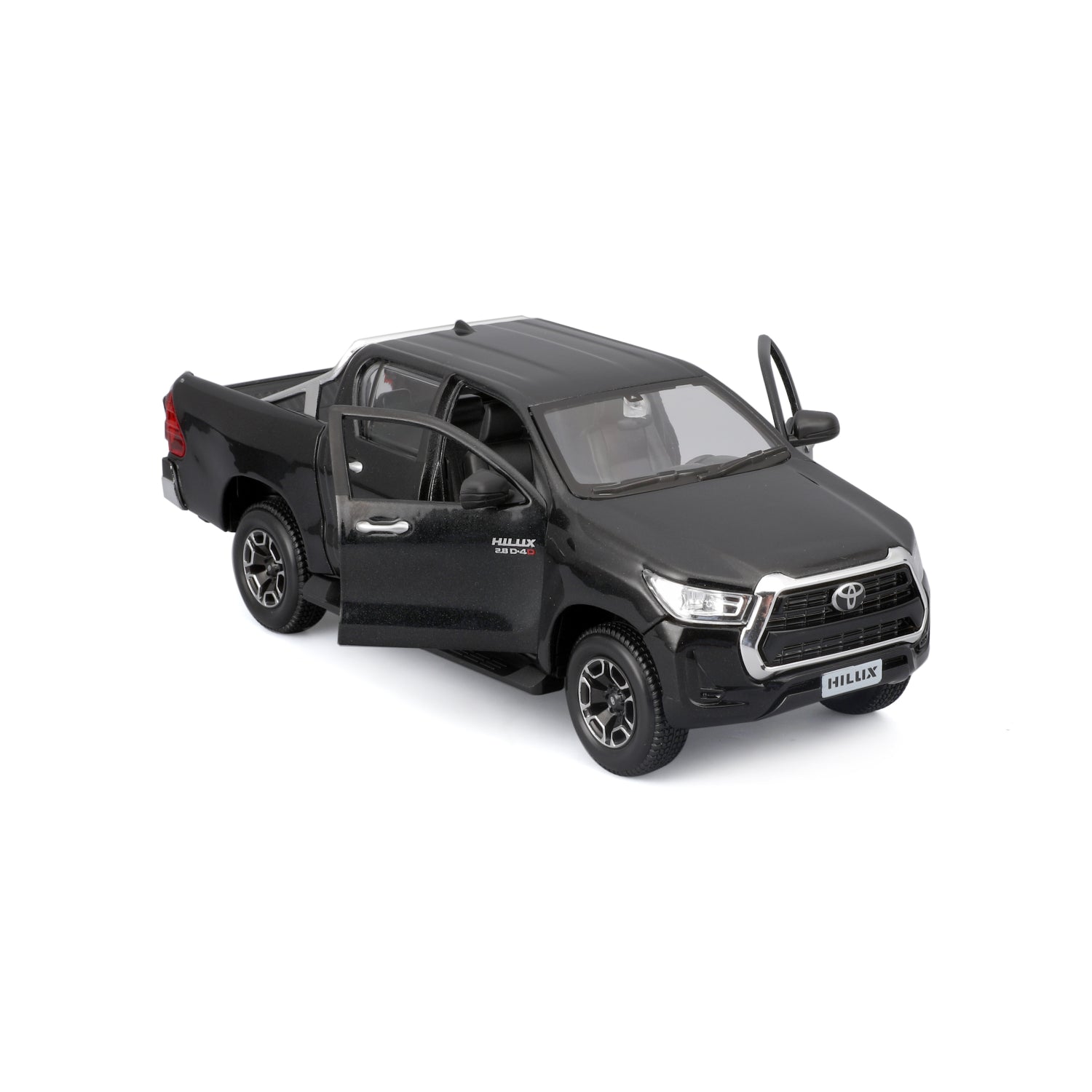 Modelo a escala Hilux negro, vista lateral con puertas abiertas