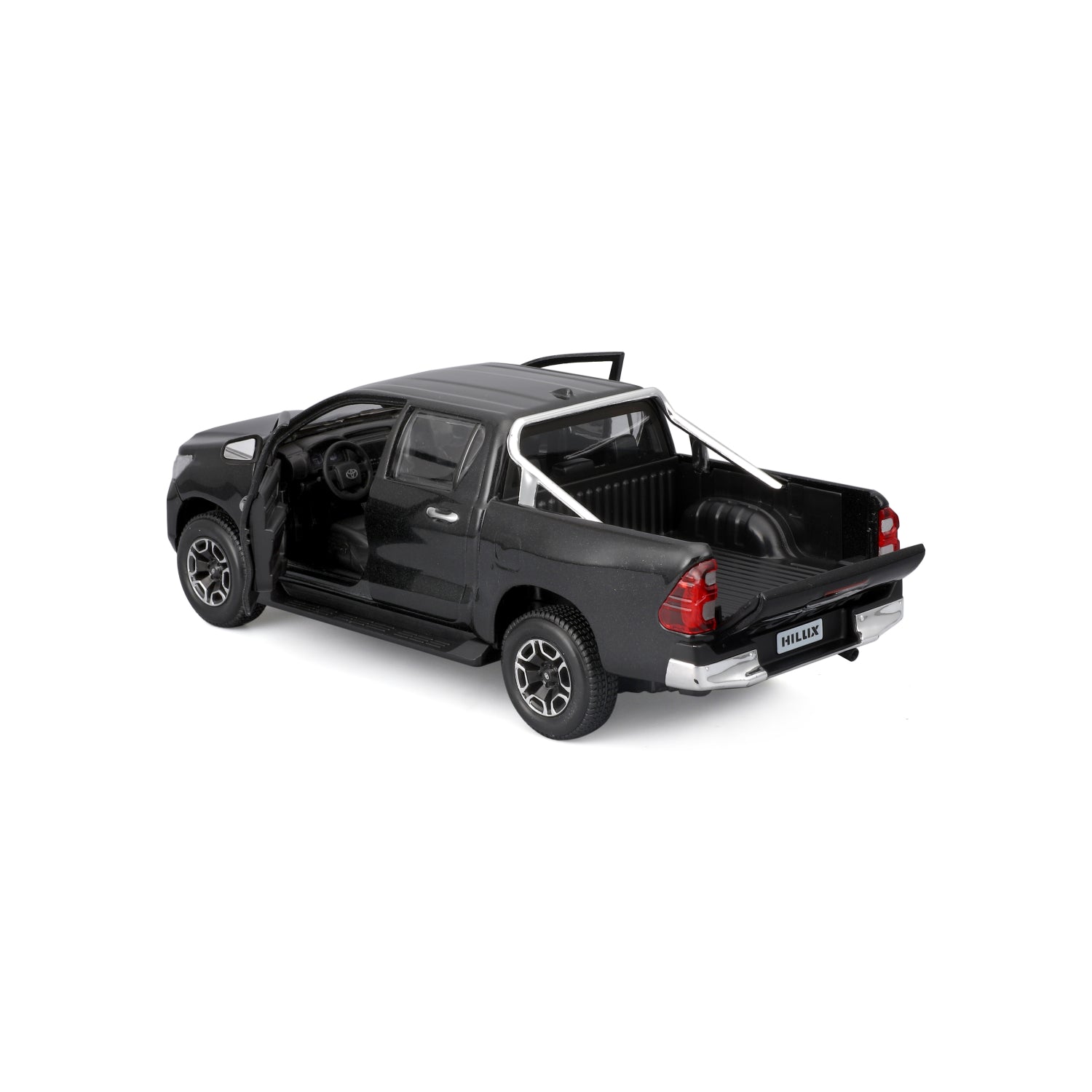 Modelo Hilux negro, vista trasera, detalle de cabina y caja