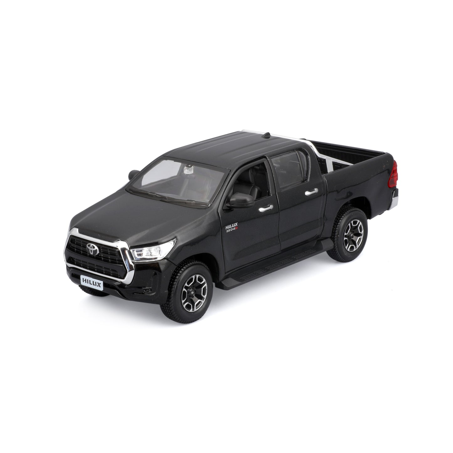 Modelo compacto Hilux negro, vista lateral, detalle de diseño realista