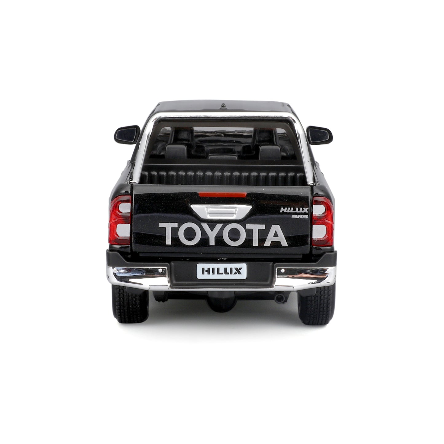 Camioneta Toyota Hilux negra, vista trasera, colección de Maisto