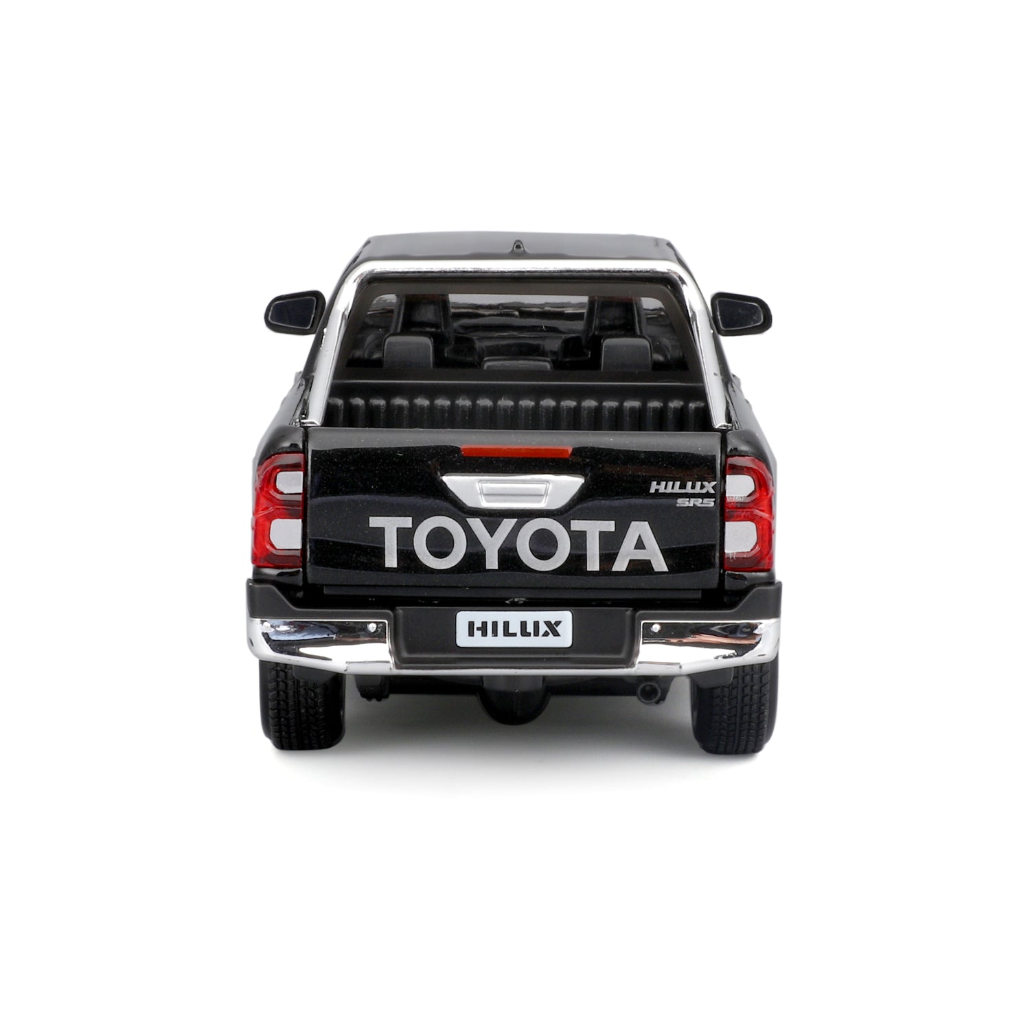 Camioneta Toyota Hilux negra, vista trasera, colección de Maisto