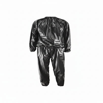 Traje negro brillante, vista trasera, ideal para actividades al aire libre