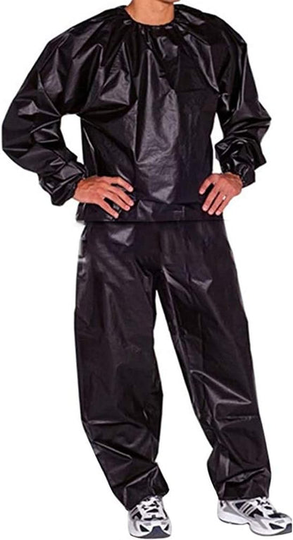 Traje negro de plástico, vista frontal, ideal para actividades al aire libre