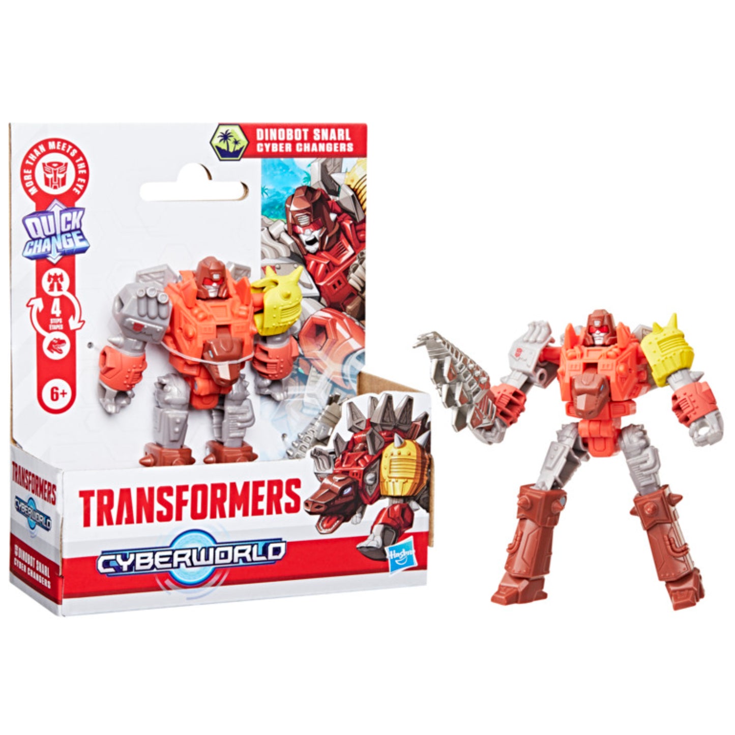 Transformers Dinobot Snarl figura en caja, juguete de Hasbro, color naranja y gris.