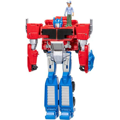 Transformers Optimus Prime robot rojo y azul con figura del conductor arriba