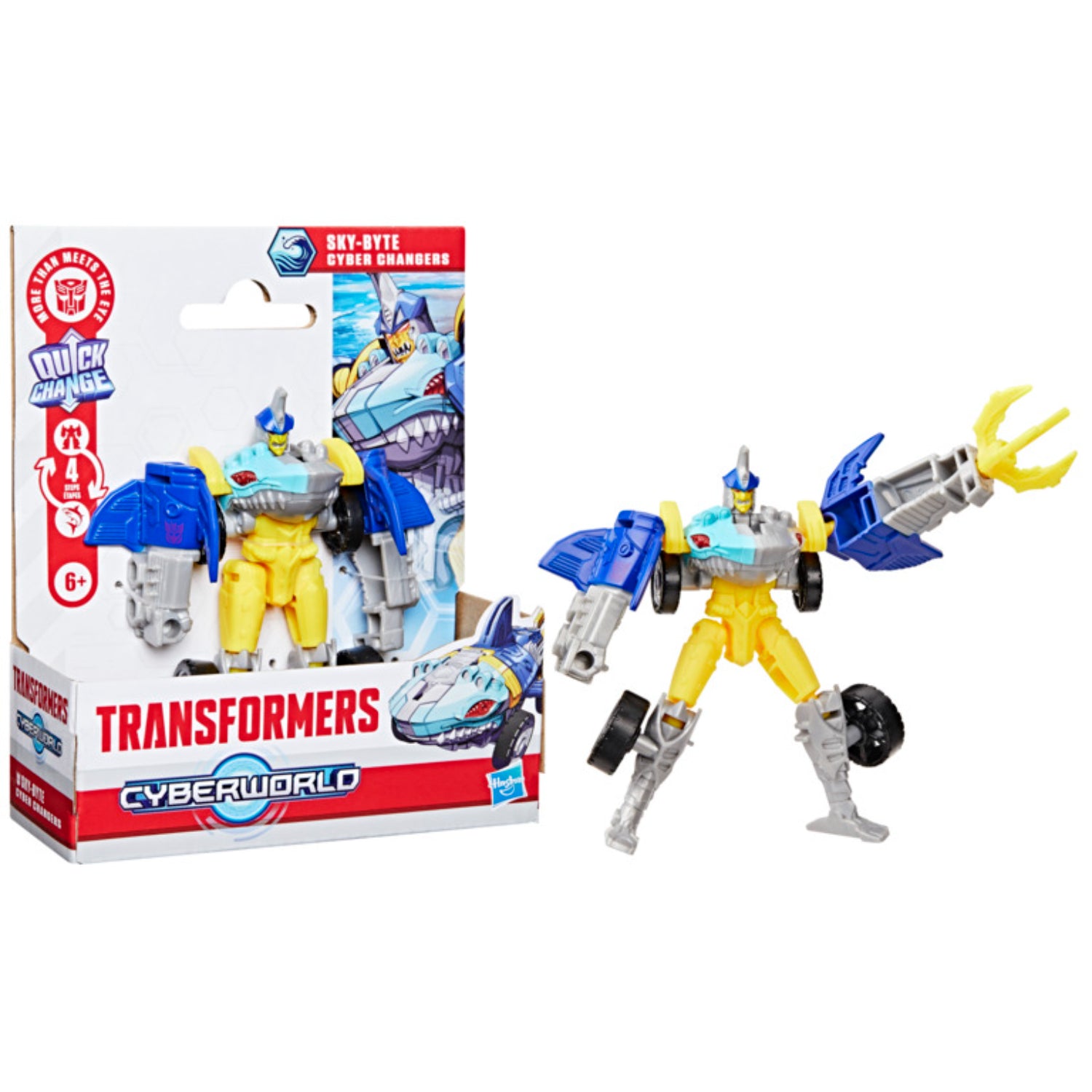 Transformers Cyberworld figura Sty-Byte, color azul y amarillo, vista frontal con empaque.