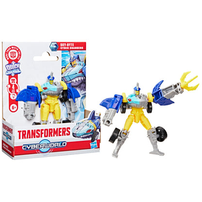 Transformers Cyberworld figura Sty-Byte, color azul y amarillo, vista frontal con empaque.
